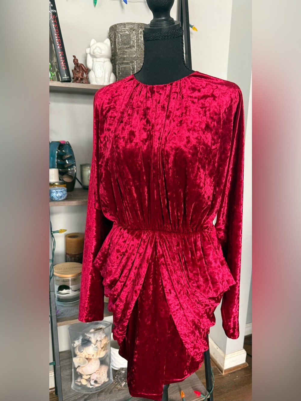 Sara Battaglia Red Crushed Velvet Draped Crew Neck Mini Dress Italy Size 46